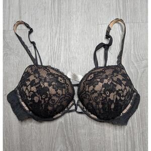 Victoria's Secret Bra Womens 34B Black Miraculous Plunge Lace Push Up Underwire